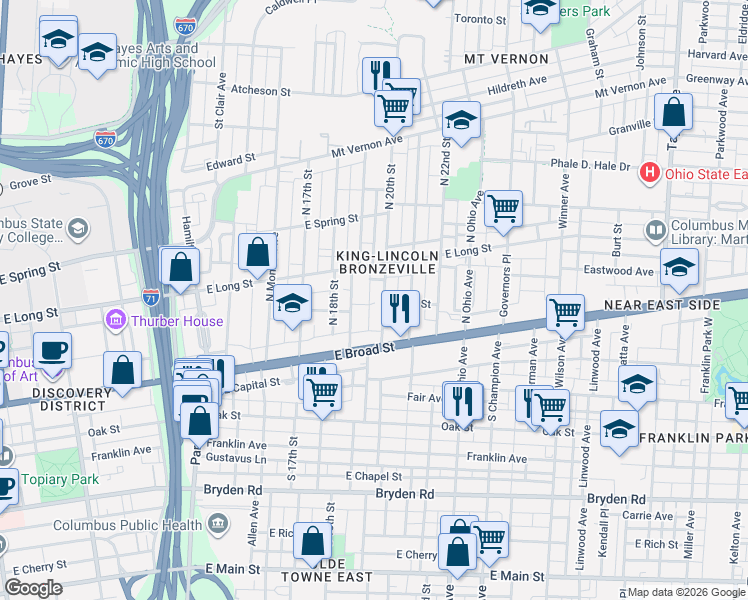 map of restaurants, bars, coffee shops, grocery stores, and more near 95-97 North 20th Street in Columbus