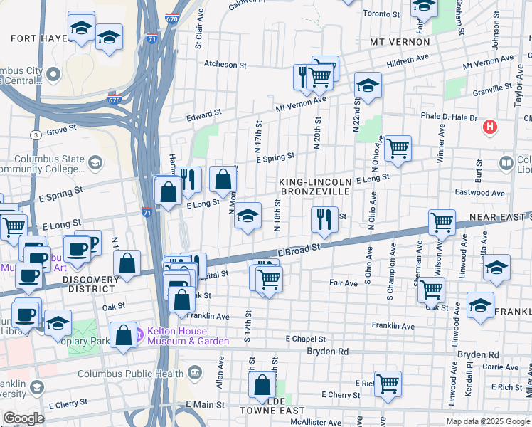 map of restaurants, bars, coffee shops, grocery stores, and more near 905 East Long Street in Columbus