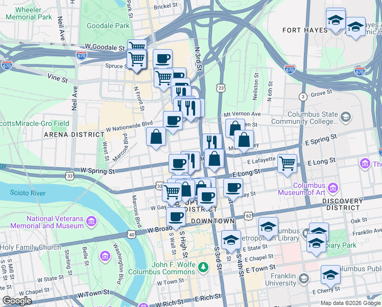 map of restaurants, bars, coffee shops, grocery stores, and more near 253 North 3rd Street in Columbus