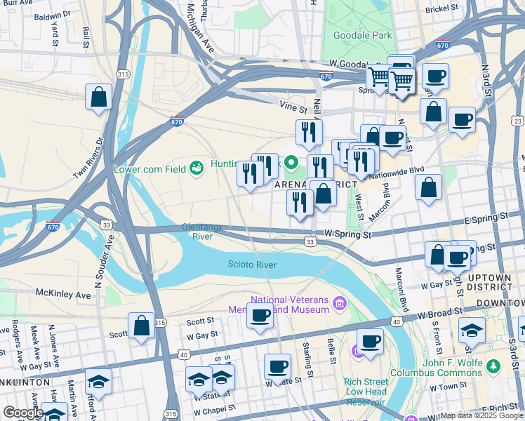 map of restaurants, bars, coffee shops, grocery stores, and more near 403 West Nationwide Boulevard in Columbus