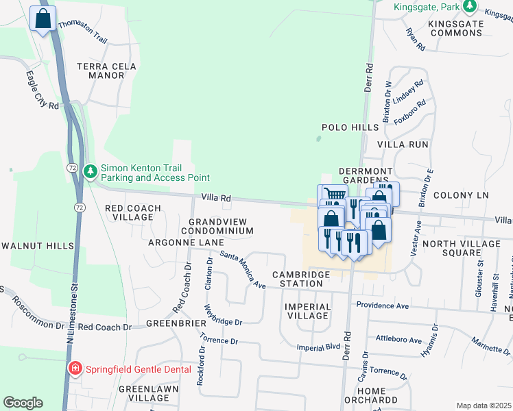 map of restaurants, bars, coffee shops, grocery stores, and more near 640 Villa Road in Springfield