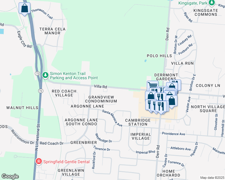 map of restaurants, bars, coffee shops, grocery stores, and more near 565 Villa Road in Springfield