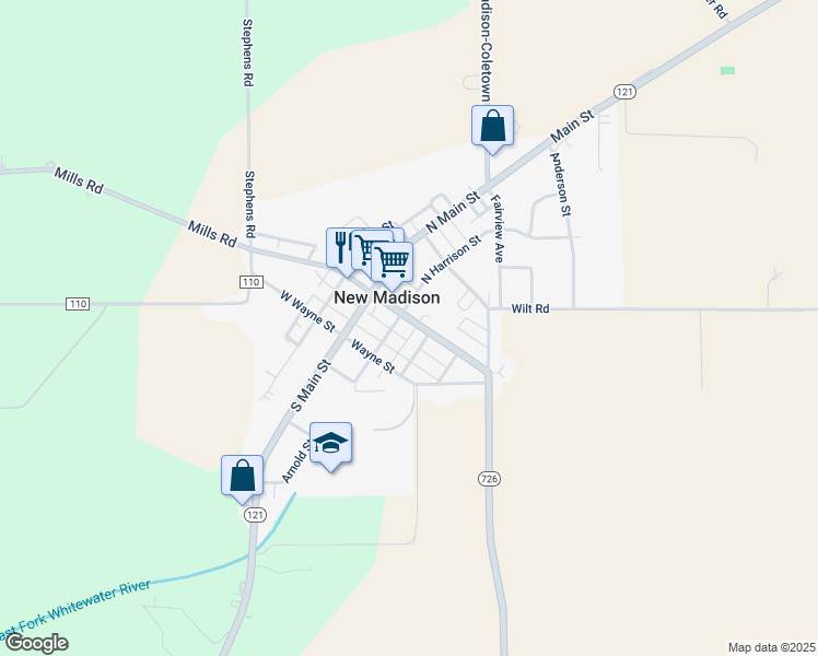 map of restaurants, bars, coffee shops, grocery stores, and more near 111 North Harrison Street in New Madison