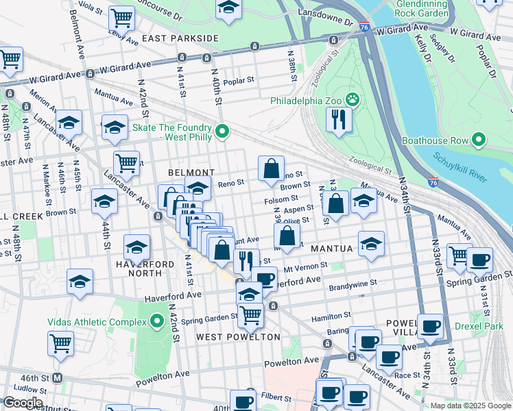 map of restaurants, bars, coffee shops, grocery stores, and more near 3942 Folsom Street in Philadelphia
