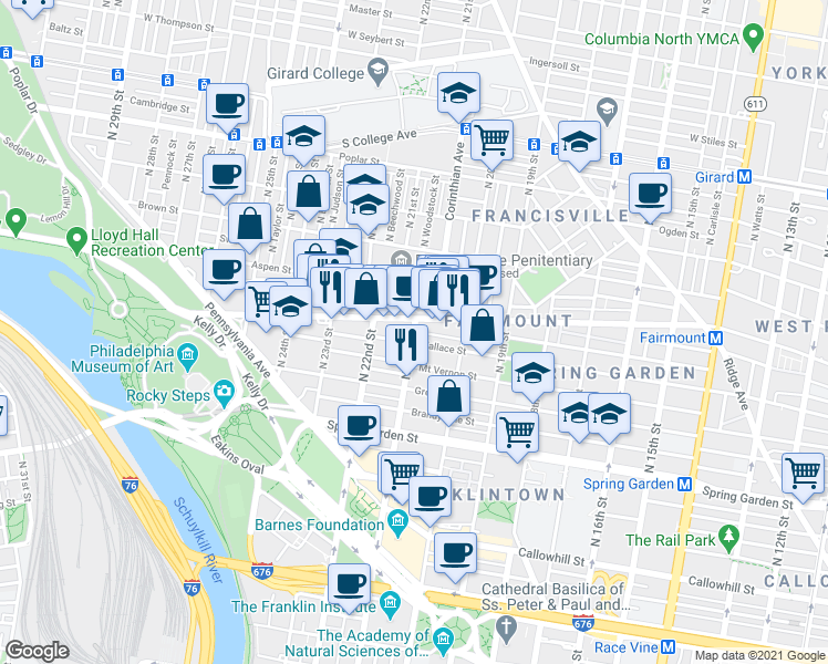 map of restaurants, bars, coffee shops, grocery stores, and more near North 21st Street & North Street in Philadelphia