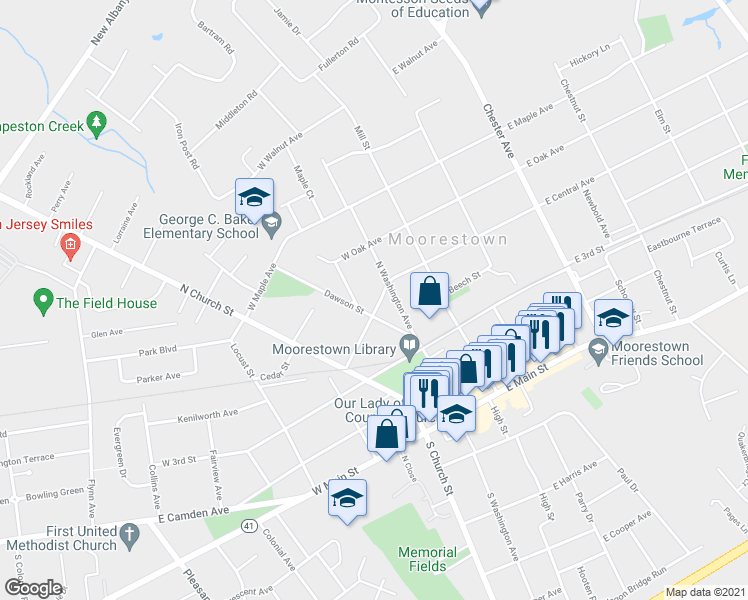 map of restaurants, bars, coffee shops, grocery stores, and more near 113 West Central Avenue in Moorestown