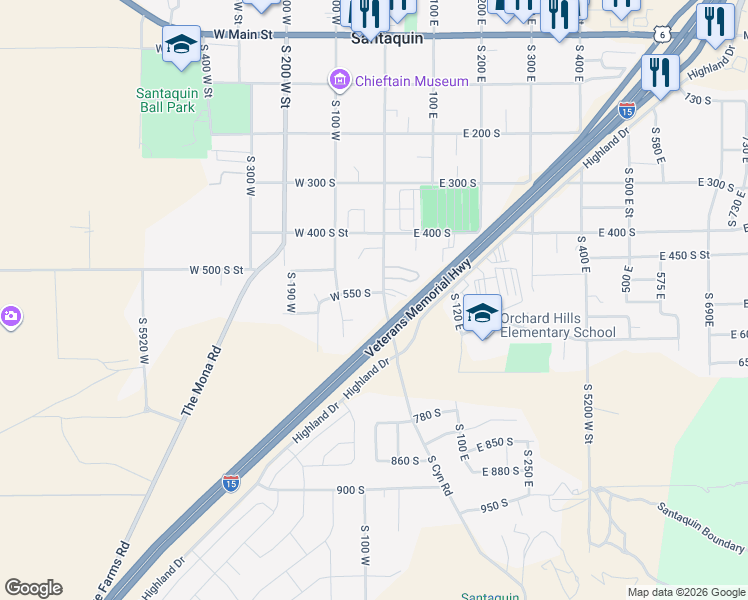 map of restaurants, bars, coffee shops, grocery stores, and more near 566 South Center Street in Santaquin