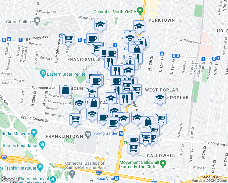map of restaurants, bars, coffee shops, grocery stores, and more near 1514 Fairmount Avenue in Philadelphia