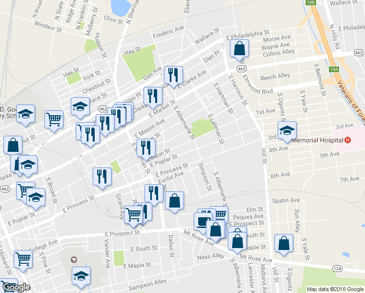 map of restaurants, bars, coffee shops, grocery stores, and more near 946 Edison Street in York