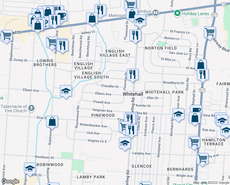 map of restaurants, bars, coffee shops, grocery stores, and more near 4173 Chandler Drive in Columbus