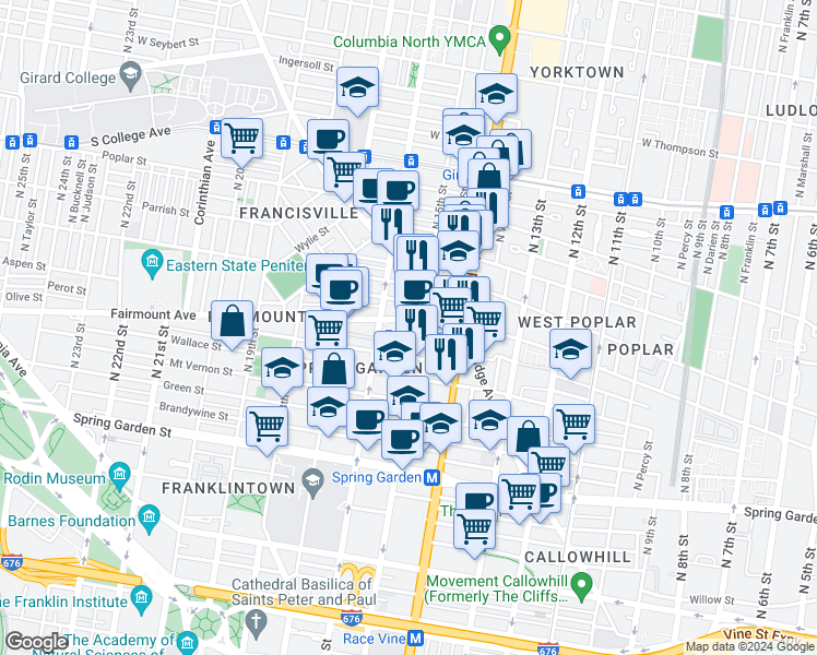 map of restaurants, bars, coffee shops, grocery stores, and more near 1512 Fairmount Avenue in Philadelphia