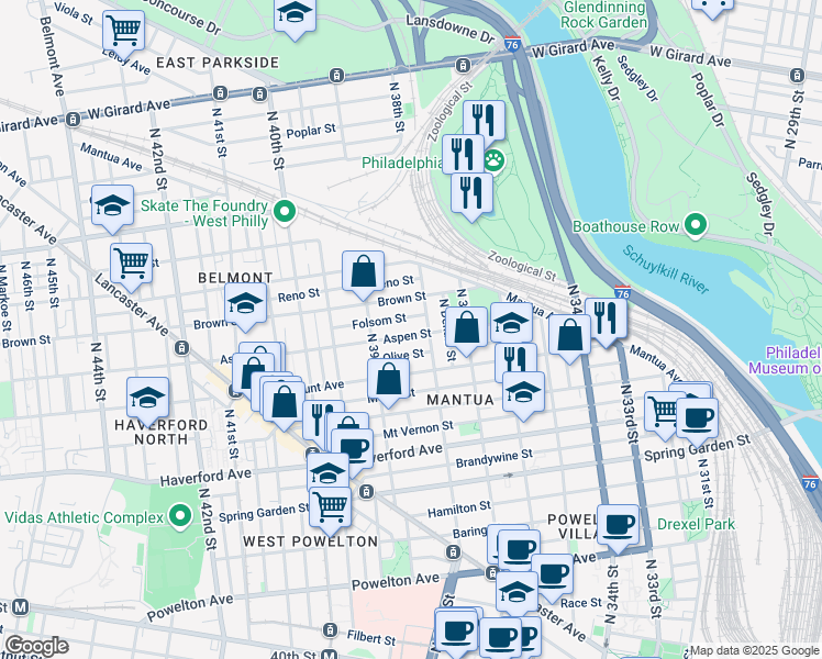 map of restaurants, bars, coffee shops, grocery stores, and more near 3821 Aspen Street in Philadelphia