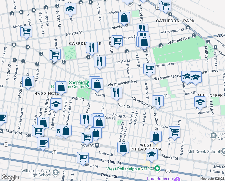 map of restaurants, bars, coffee shops, grocery stores, and more near 5526 Westminster Avenue in Philadelphia