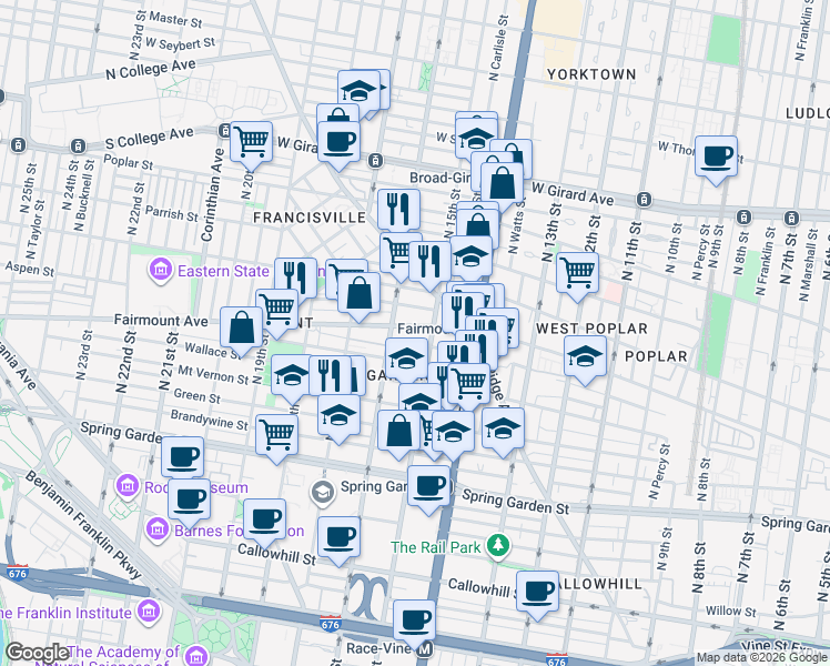 map of restaurants, bars, coffee shops, grocery stores, and more near 711 North 16th Street in Philadelphia