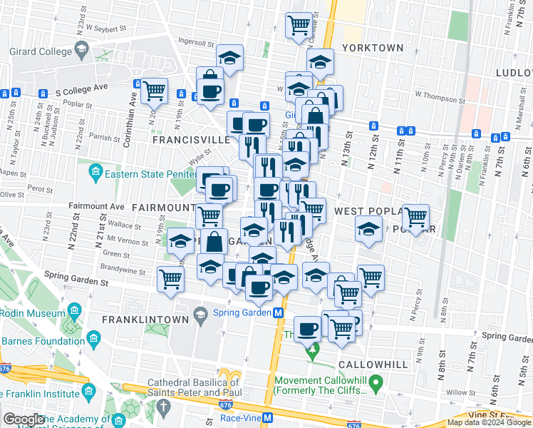 map of restaurants, bars, coffee shops, grocery stores, and more near 1504 Fairmount Avenue in Philadelphia