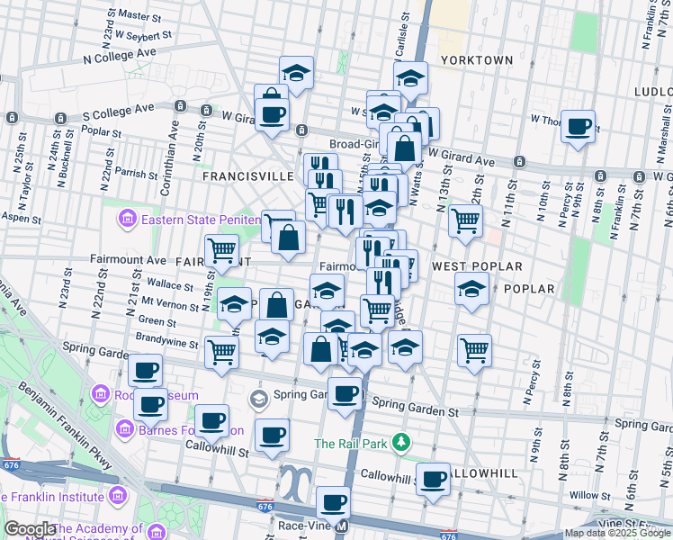 map of restaurants, bars, coffee shops, grocery stores, and more near 1514 Fairmount Avenue in Philadelphia