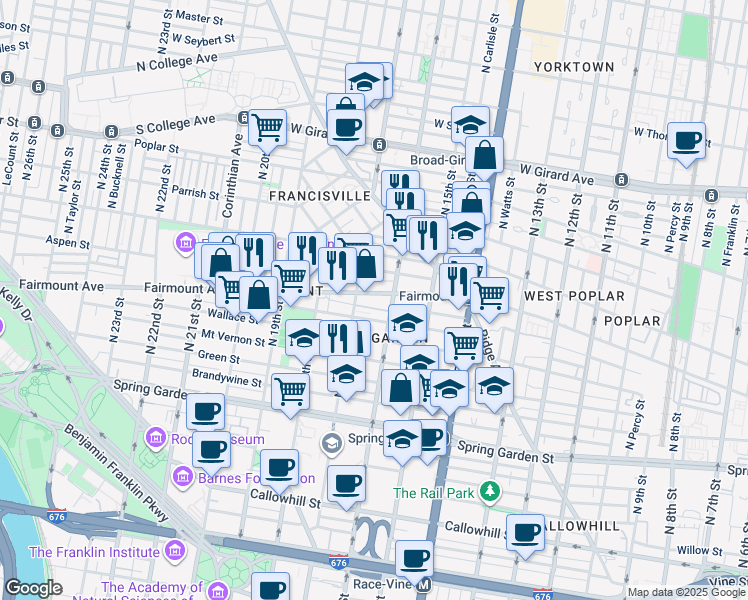 map of restaurants, bars, coffee shops, grocery stores, and more near 1624 Fairmount Avenue in Philadelphia