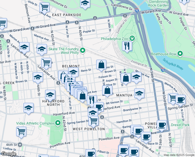 map of restaurants, bars, coffee shops, grocery stores, and more near 3930 Folsom Street in Philadelphia