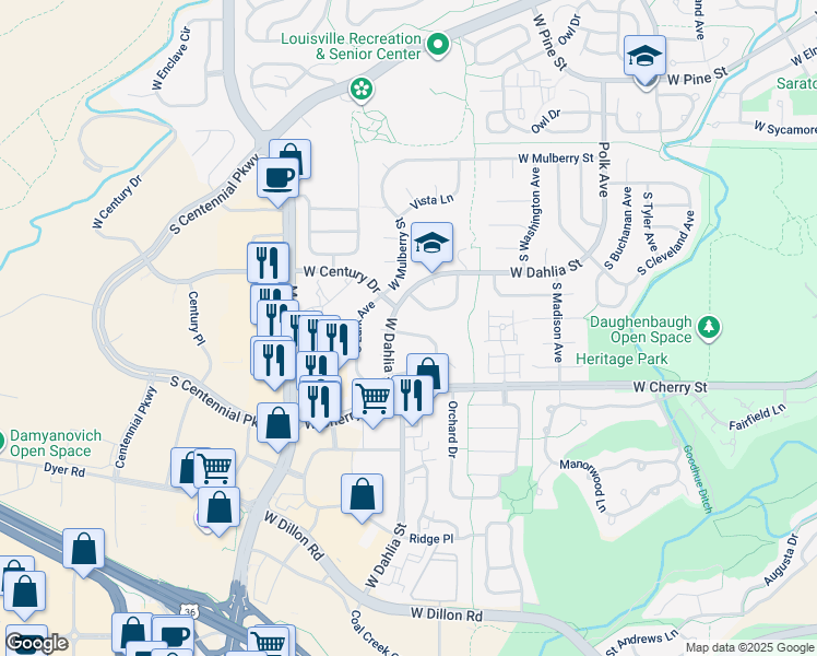 map of restaurants, bars, coffee shops, grocery stores, and more near 907 West Chestnut Circle in Louisville