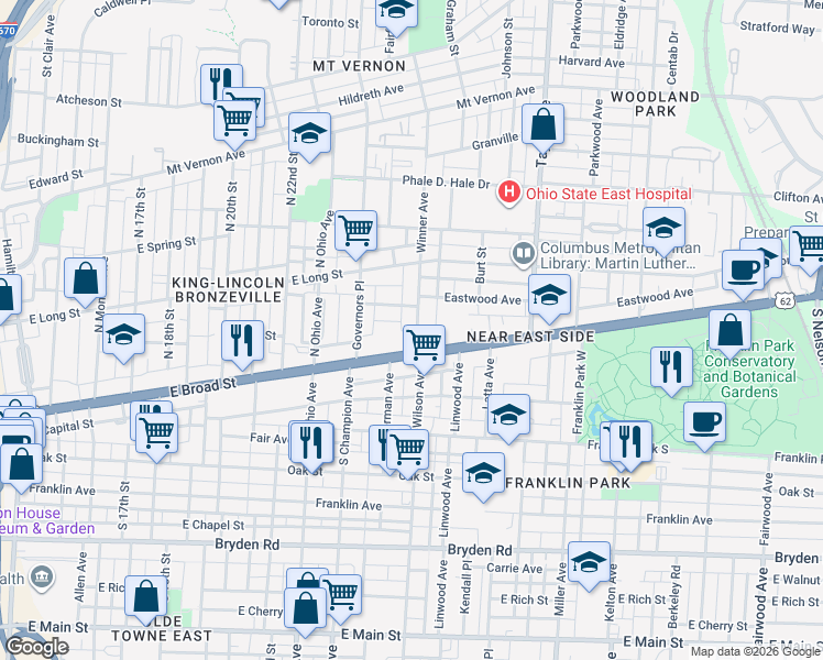 map of restaurants, bars, coffee shops, grocery stores, and more near 57 Winner Avenue in Columbus
