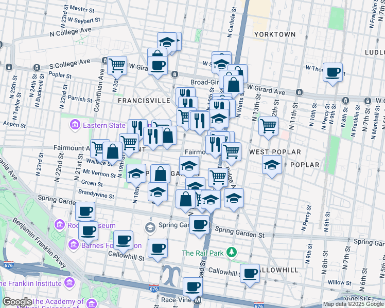 map of restaurants, bars, coffee shops, grocery stores, and more near 1520 Fairmount Avenue in Philadelphia