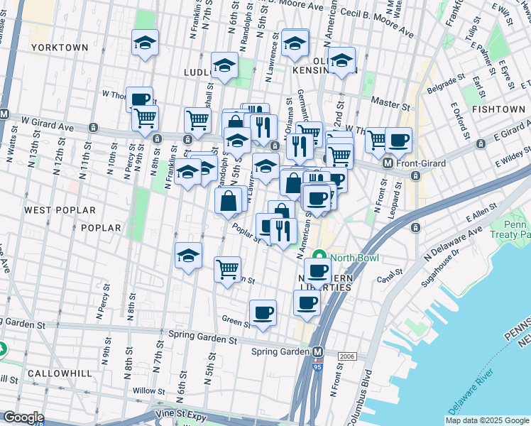map of restaurants, bars, coffee shops, grocery stores, and more near 1005 1/2 North 4th Street in Philadelphia