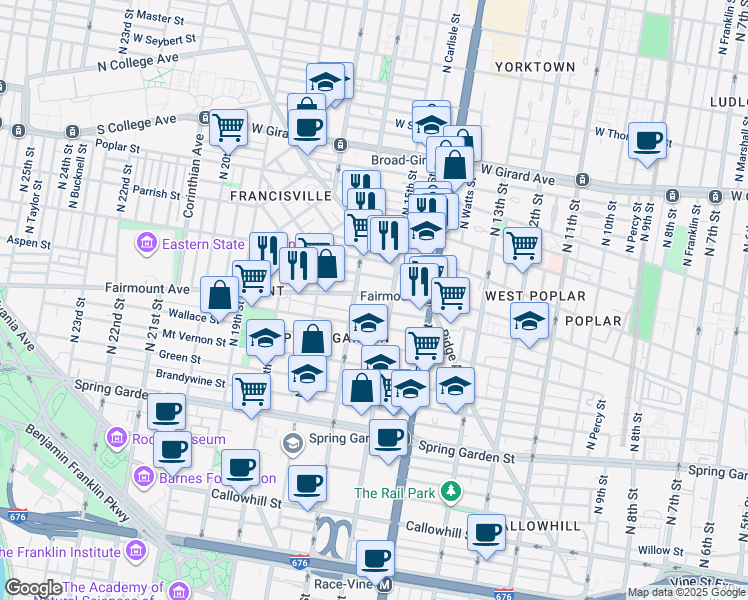 map of restaurants, bars, coffee shops, grocery stores, and more near 1520 Fairmount Avenue in Philadelphia