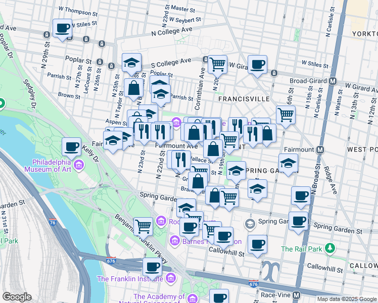 map of restaurants, bars, coffee shops, grocery stores, and more near 2045 North Street in Philadelphia
