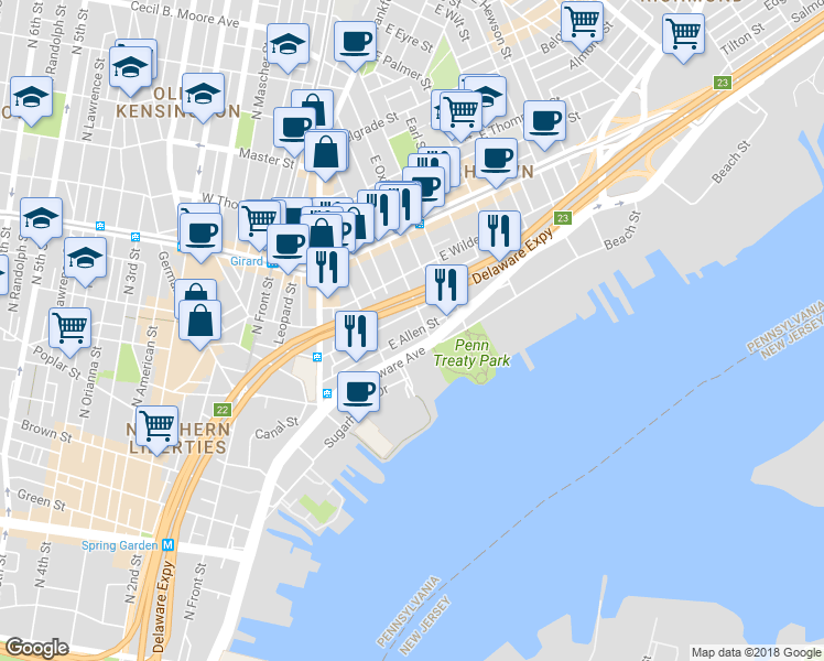 map of restaurants, bars, coffee shops, grocery stores, and more near 243 East Allen Street in Philadelphia