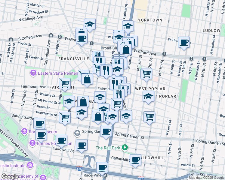 map of restaurants, bars, coffee shops, grocery stores, and more near 1438 Fairmount Avenue in Philadelphia