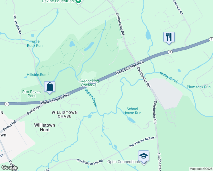 map of restaurants, bars, coffee shops, grocery stores, and more near 1601 Whispering Brooke Drive in Newtown Square