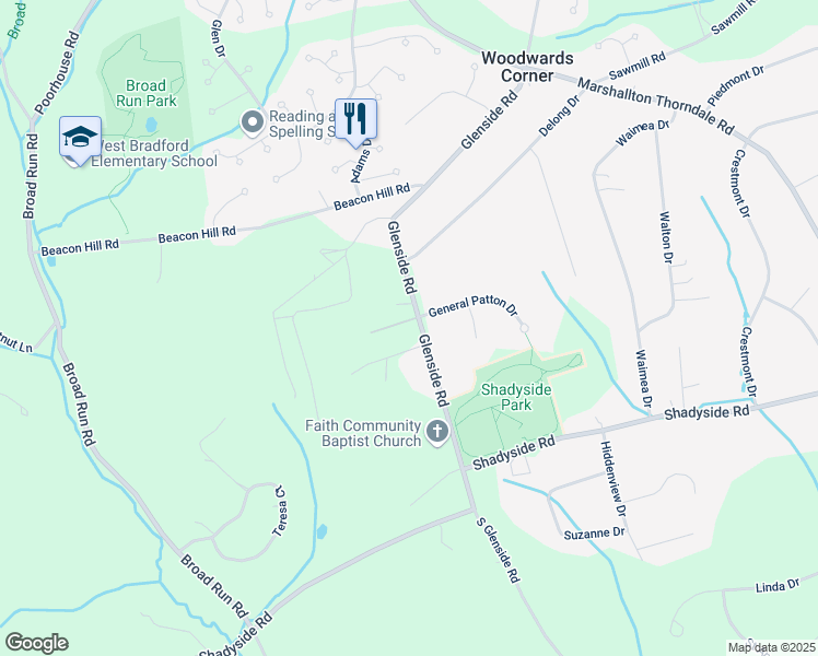 map of restaurants, bars, coffee shops, grocery stores, and more near 1497 Glenside Road in Downingtown