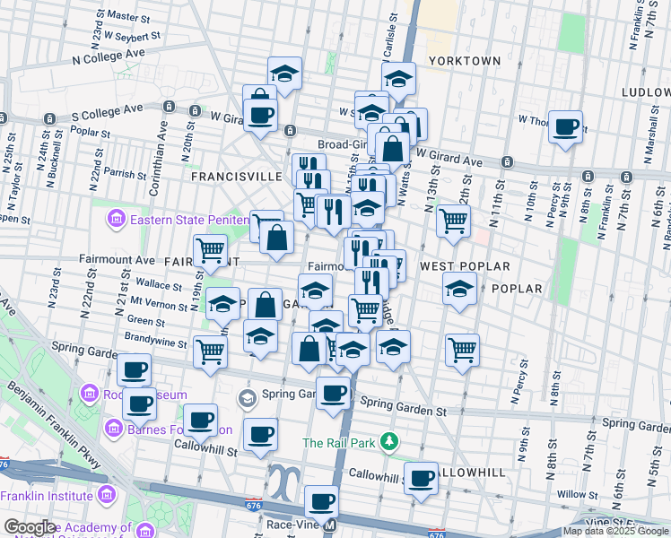 map of restaurants, bars, coffee shops, grocery stores, and more near 1504 Fairmount Avenue in Philadelphia