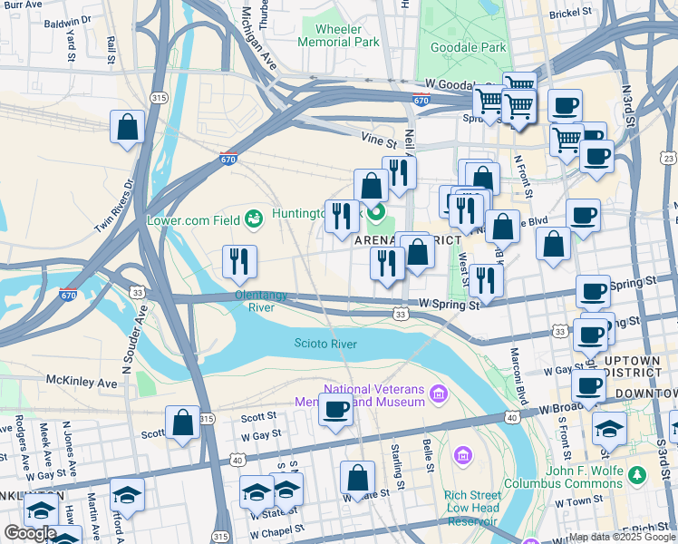 map of restaurants, bars, coffee shops, grocery stores, and more near 403 West Nationwide Boulevard in Columbus