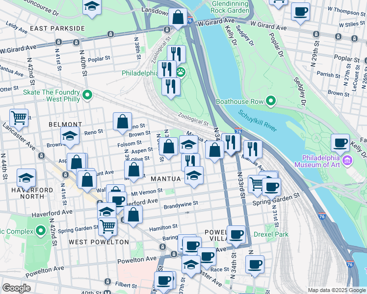 map of restaurants, bars, coffee shops, grocery stores, and more near 3602 Aspen Street in Philadelphia