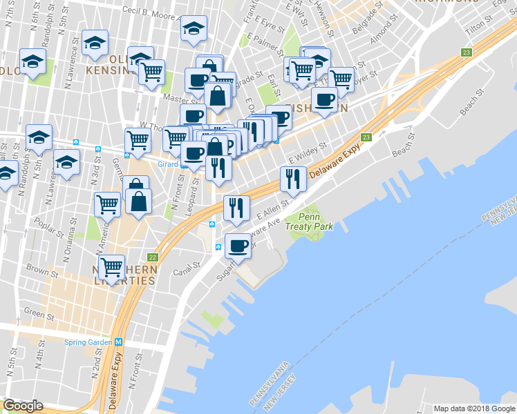 map of restaurants, bars, coffee shops, grocery stores, and more near 222 Richmond Street in Philadelphia