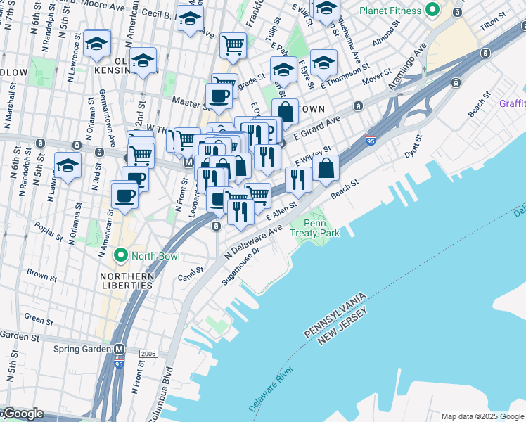 map of restaurants, bars, coffee shops, grocery stores, and more near 222 Richmond Street in Philadelphia