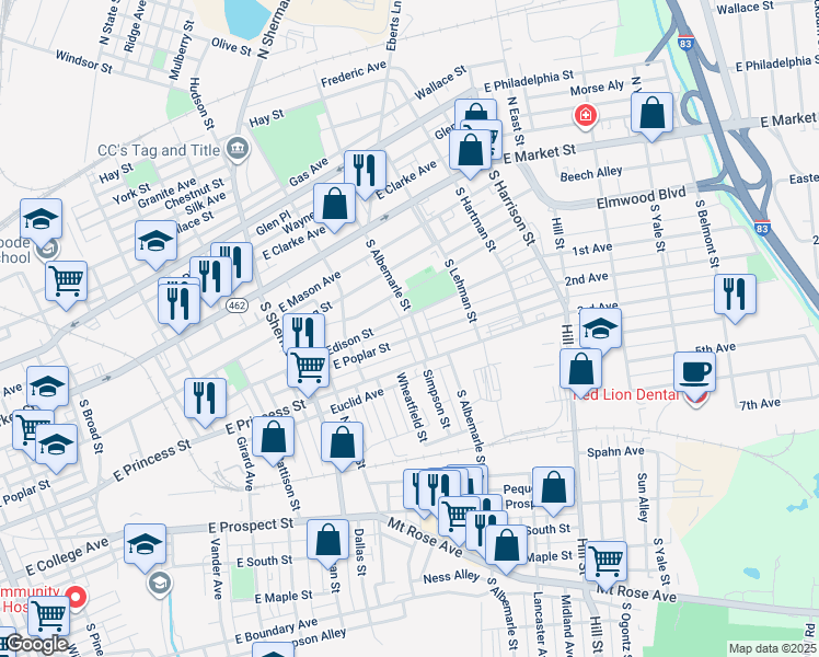 map of restaurants, bars, coffee shops, grocery stores, and more near 208 South Albemarle Street in York