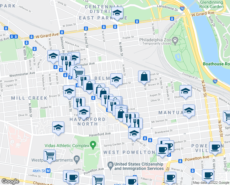 map of restaurants, bars, coffee shops, grocery stores, and more near 4030 Brown Street in Philadelphia