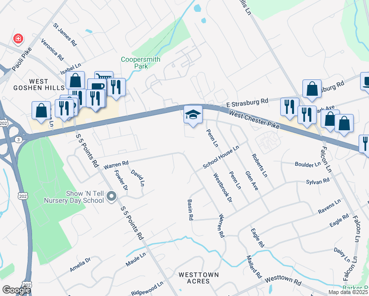 map of restaurants, bars, coffee shops, grocery stores, and more near 1151 Warren Road in West Chester