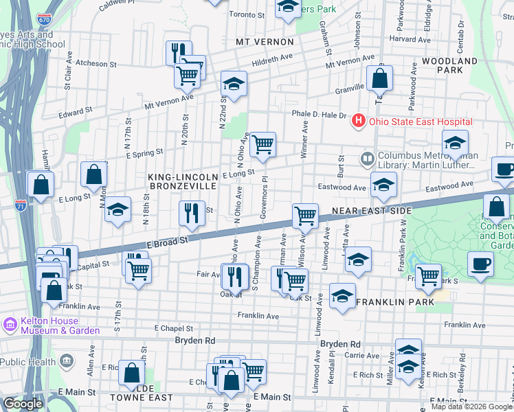 map of restaurants, bars, coffee shops, grocery stores, and more near 78 North Ohio Avenue in Columbus