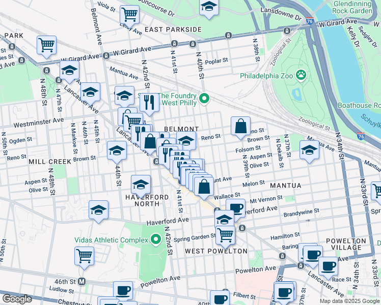 map of restaurants, bars, coffee shops, grocery stores, and more near 4030 Brown Street in Philadelphia