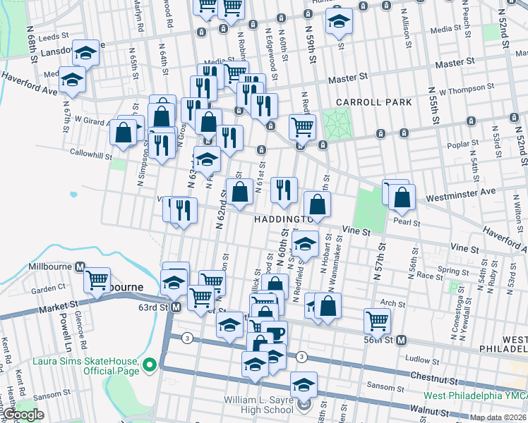 map of restaurants, bars, coffee shops, grocery stores, and more near 323 North 61st Street in Philadelphia