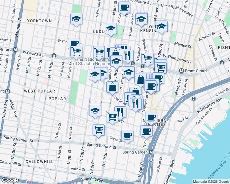 map of restaurants, bars, coffee shops, grocery stores, and more near 941 North 5th Street in Philadelphia