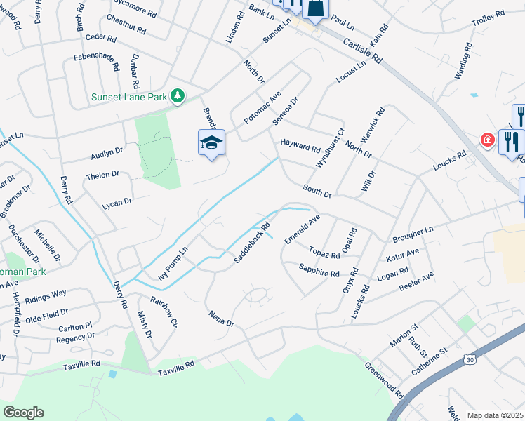 map of restaurants, bars, coffee shops, grocery stores, and more near 2115 Thoroughbred Court in York