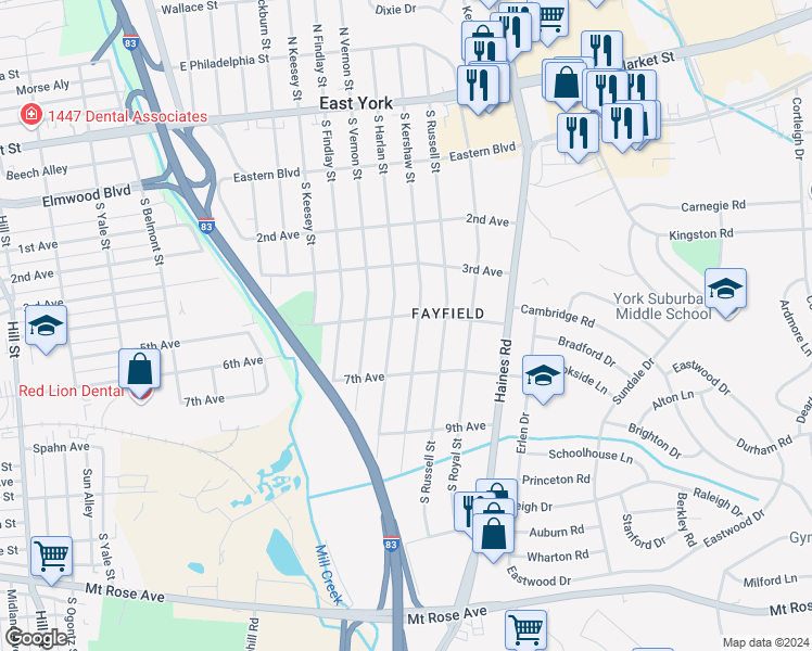 map of restaurants, bars, coffee shops, grocery stores, and more near 510 South Kershaw Street in York
