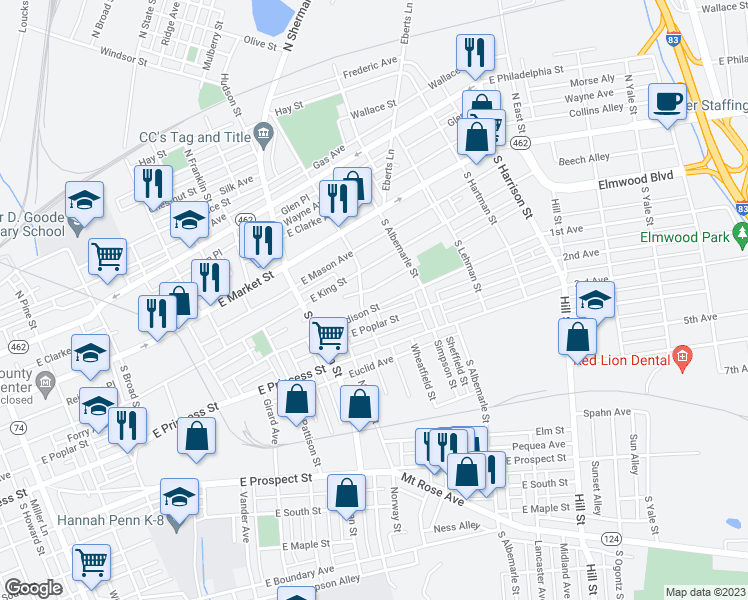 map of restaurants, bars, coffee shops, grocery stores, and more near 149 South Tremont Street in York