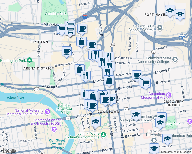 map of restaurants, bars, coffee shops, grocery stores, and more near 253 North 3rd Street in Columbus