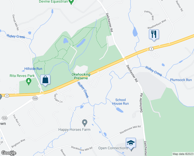 map of restaurants, bars, coffee shops, grocery stores, and more near 1601 Whispering Brooke Drive in Newtown Square