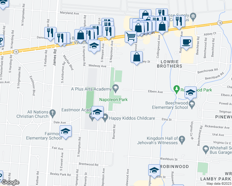 map of restaurants, bars, coffee shops, grocery stores, and more near 270 South Napoleon Avenue in Columbus